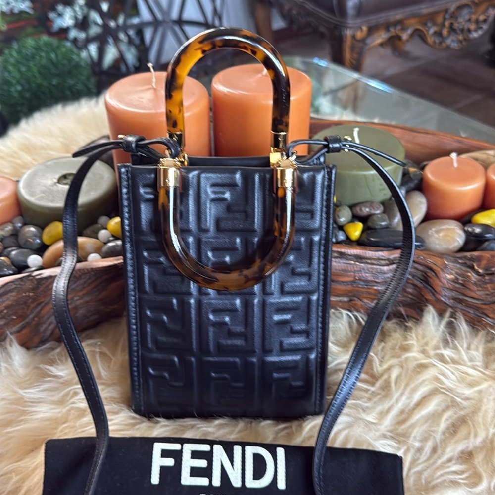 FENDI VITELLO LIBERTY  ZUCCA EMBOSSED LEATHER TOP HANDLE  SLING MINI BAG